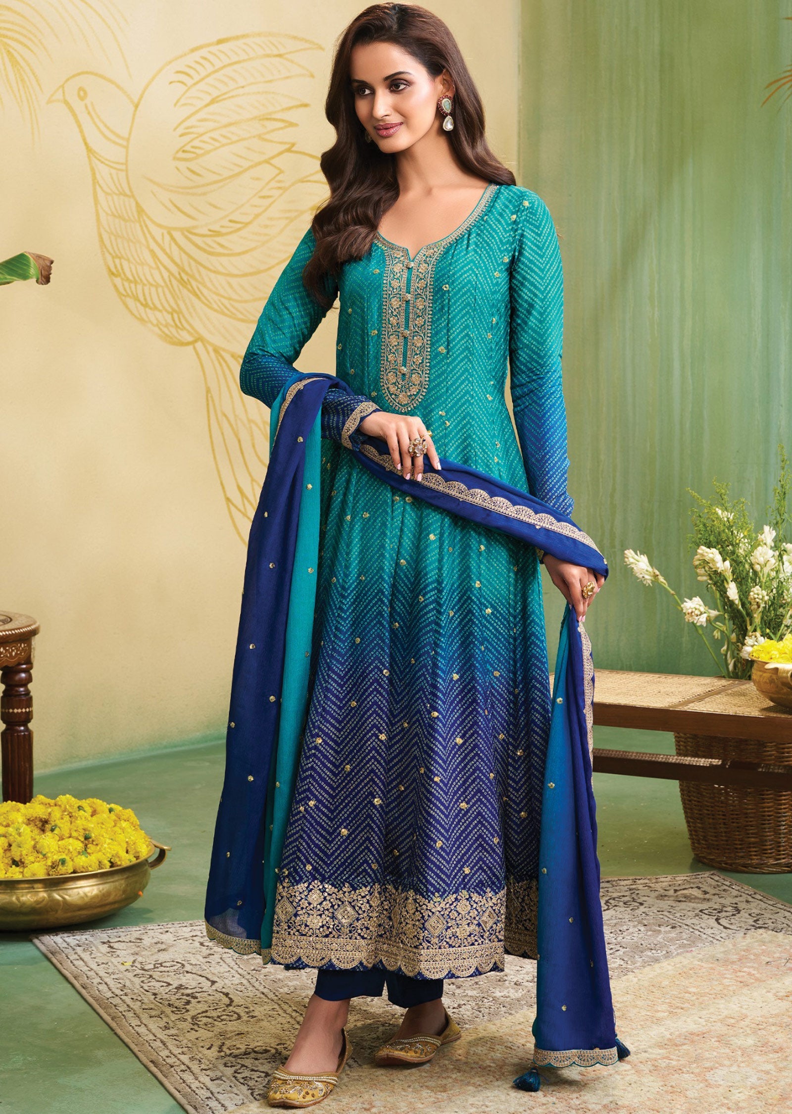 Light Blue & Ink Blue Soft Silk Anarkali Suit