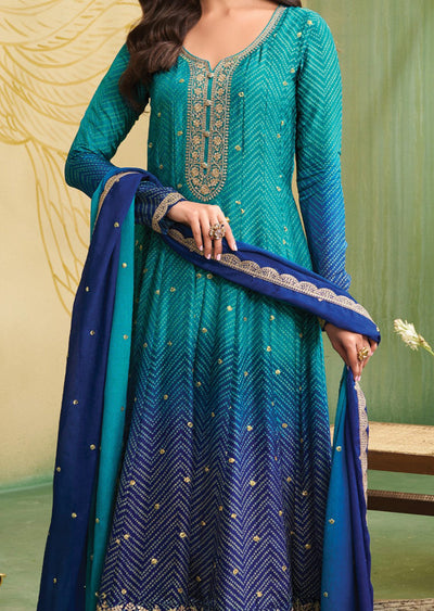 Light Blue & Ink Blue Soft Silk Anarkali Suit