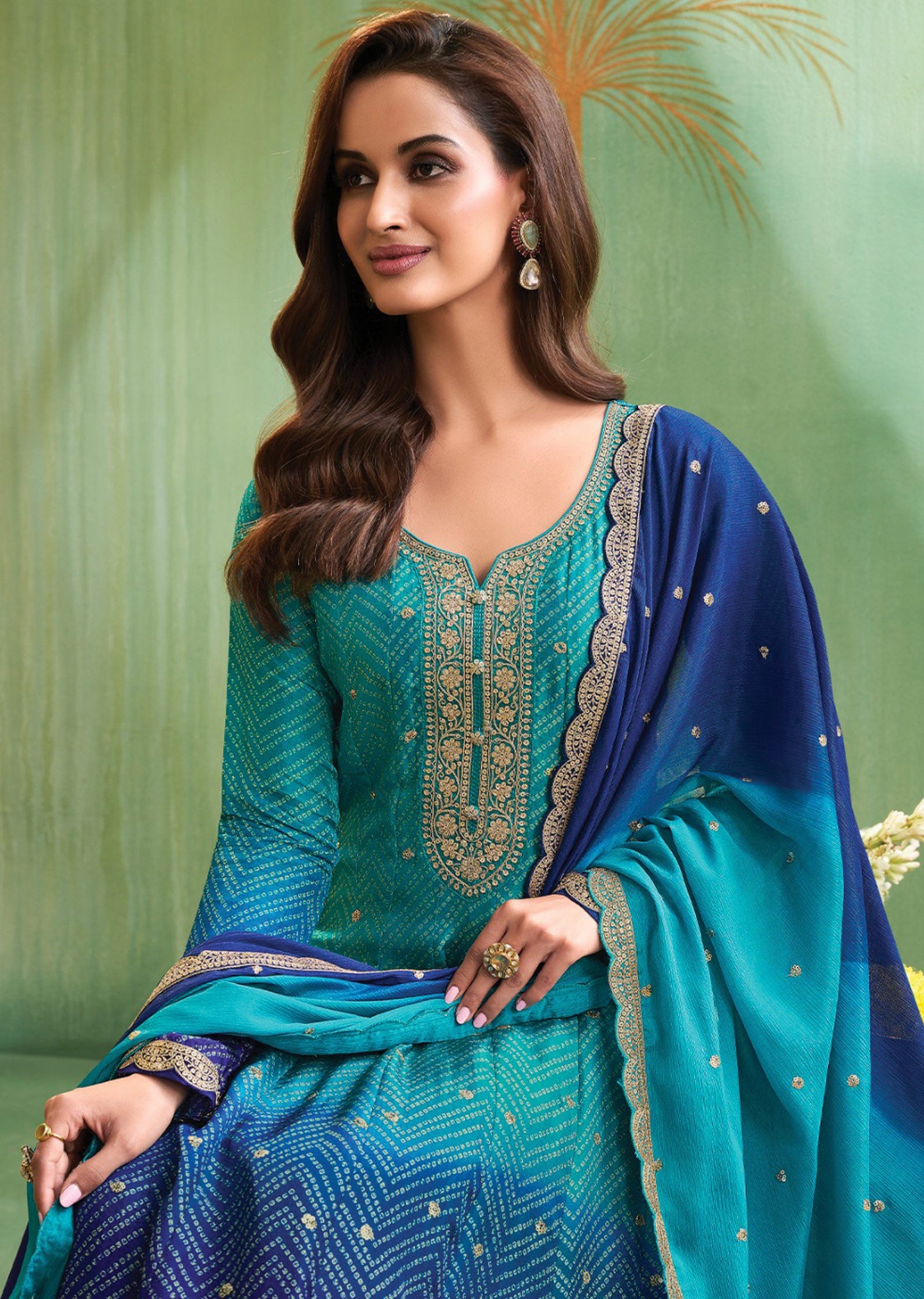 Light Blue & Ink Blue Soft Silk Anarkali Suit