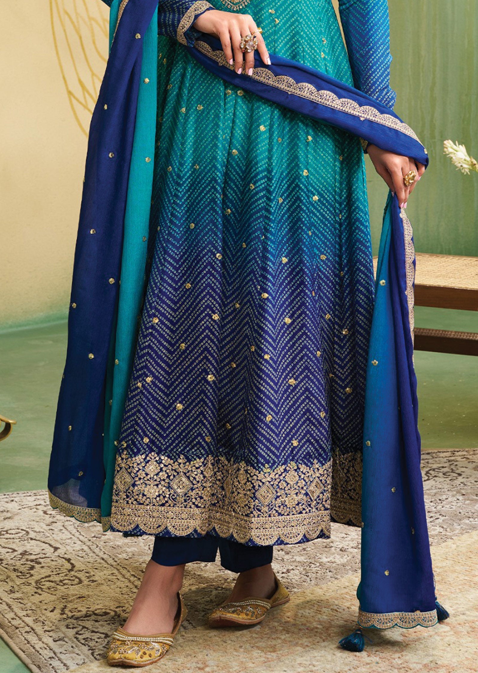 Light Blue & Ink Blue Soft Silk Anarkali Suit