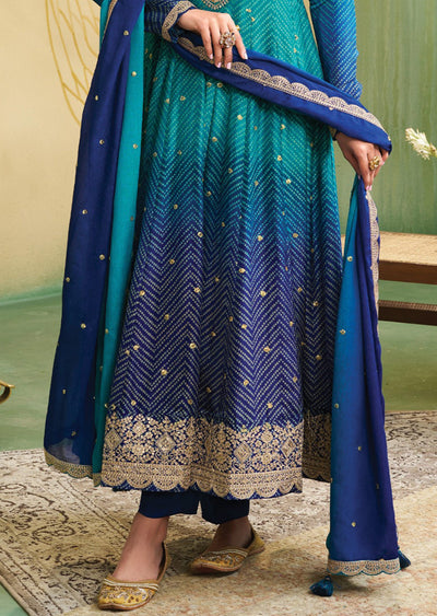 Light Blue & Ink Blue Soft Silk Anarkali Suit