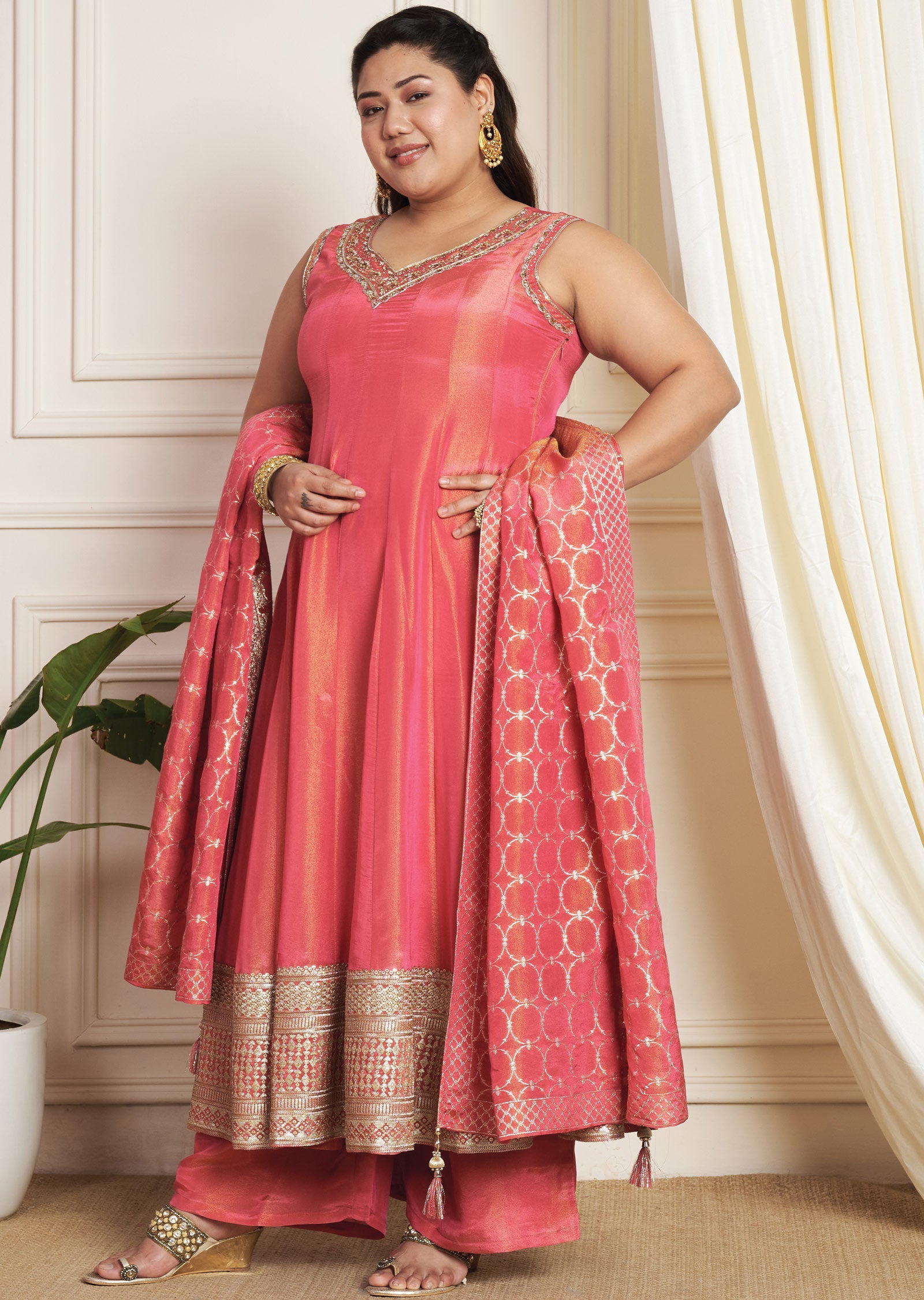 Dark Pink Tissue Silk Anarkali Suit