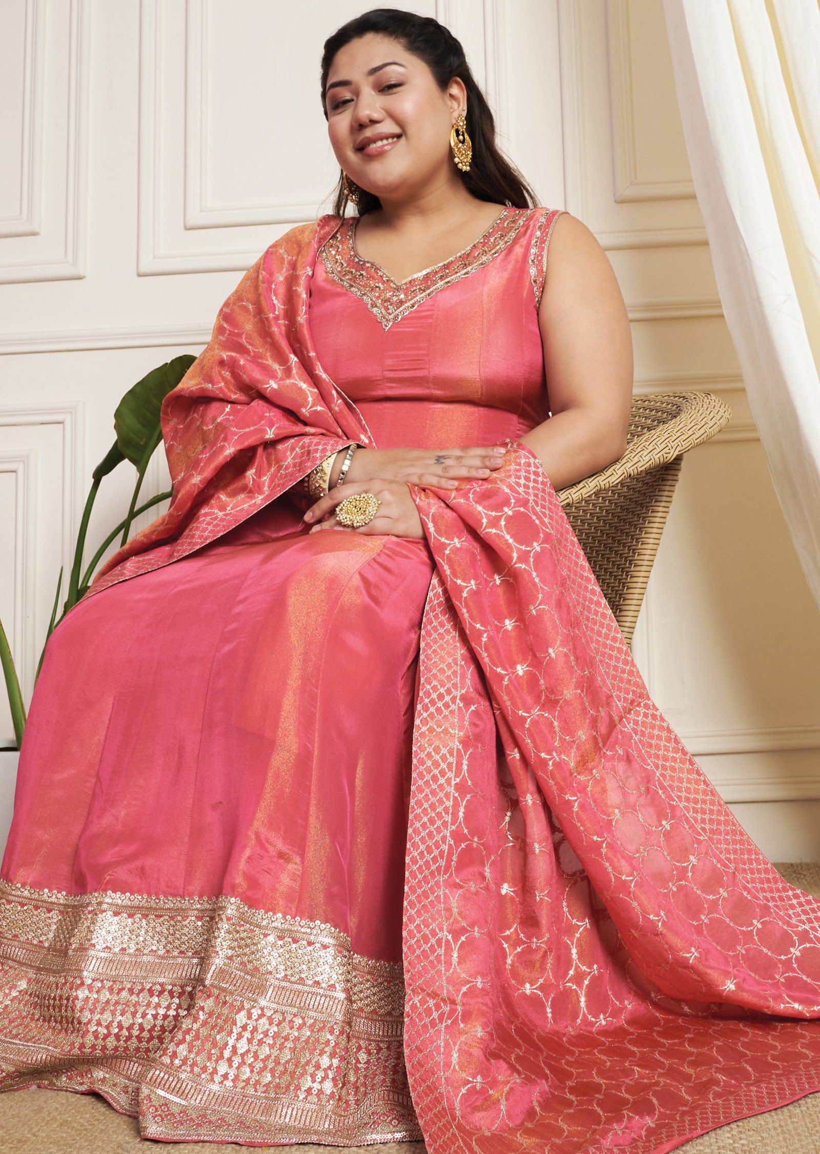 Dark Pink Tissue Silk Anarkali Suit