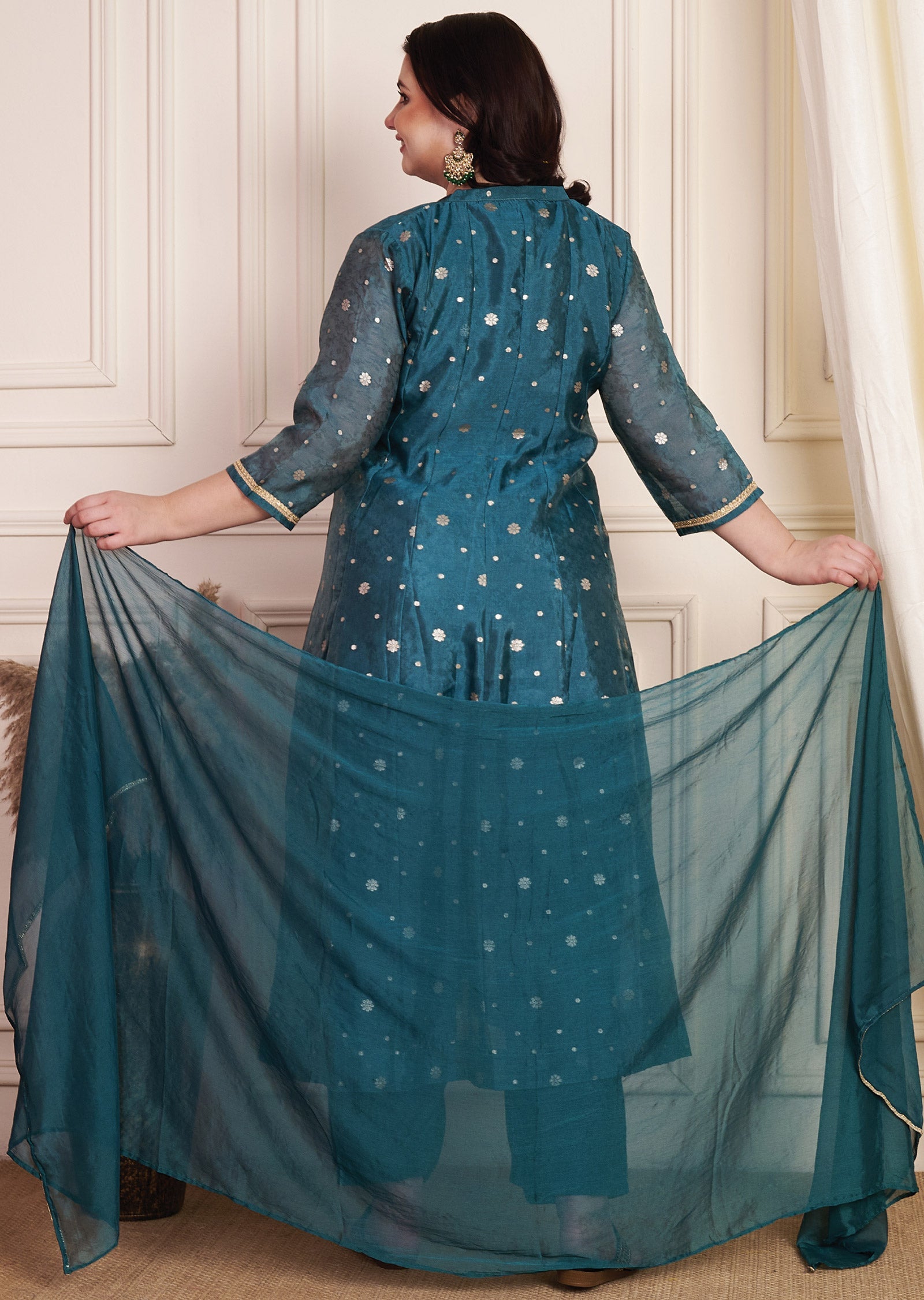 Dark Rama Green Tissue Silk Anarkali Suit