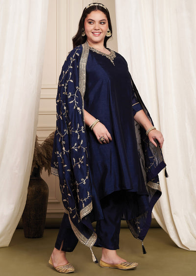 Navy Blue Soft Silk Anarkali Suit