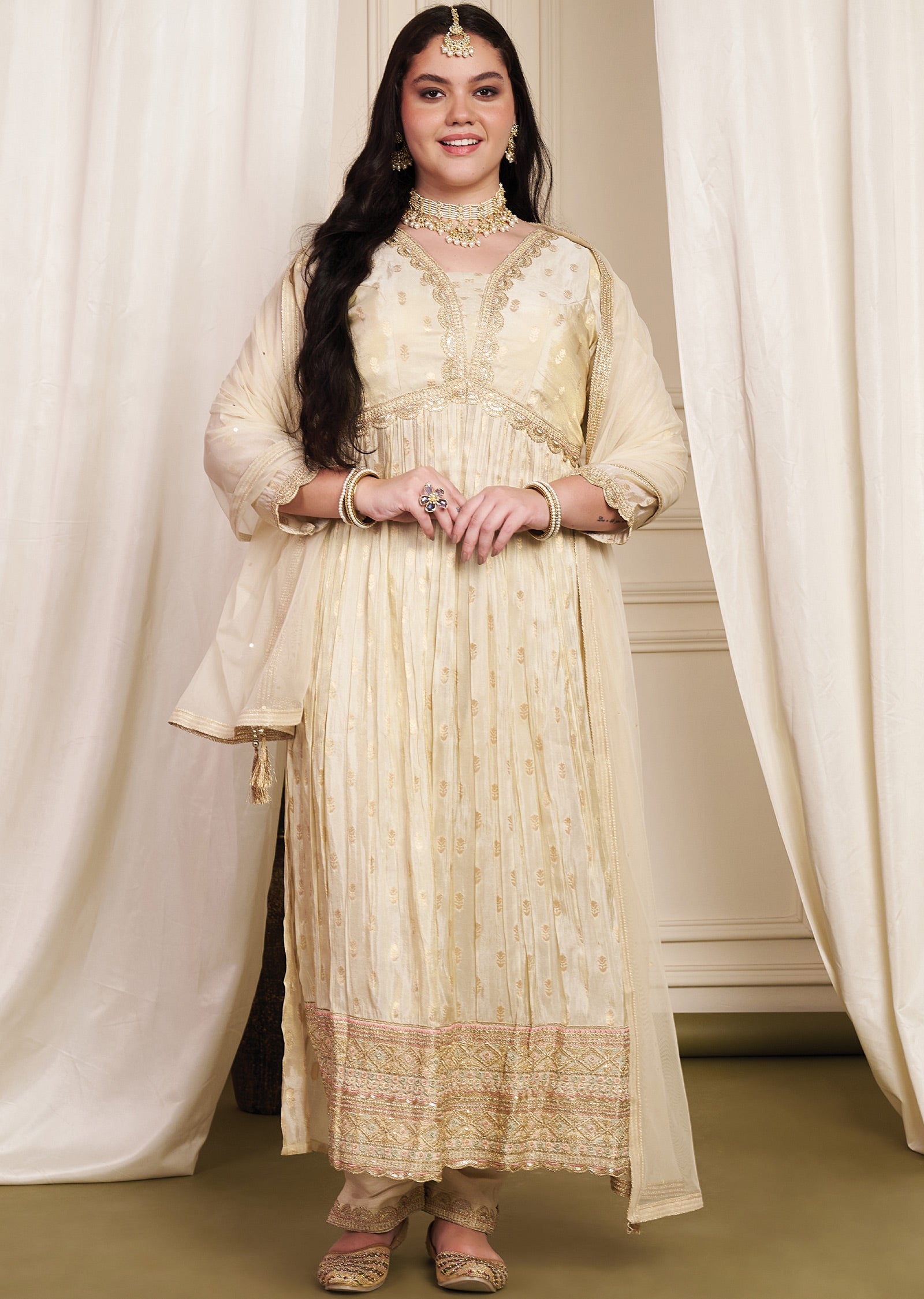 Beige Banaras Silk Anarkali Suit