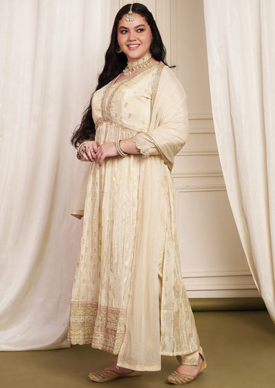 Beige Banaras Silk Anarkali Suit