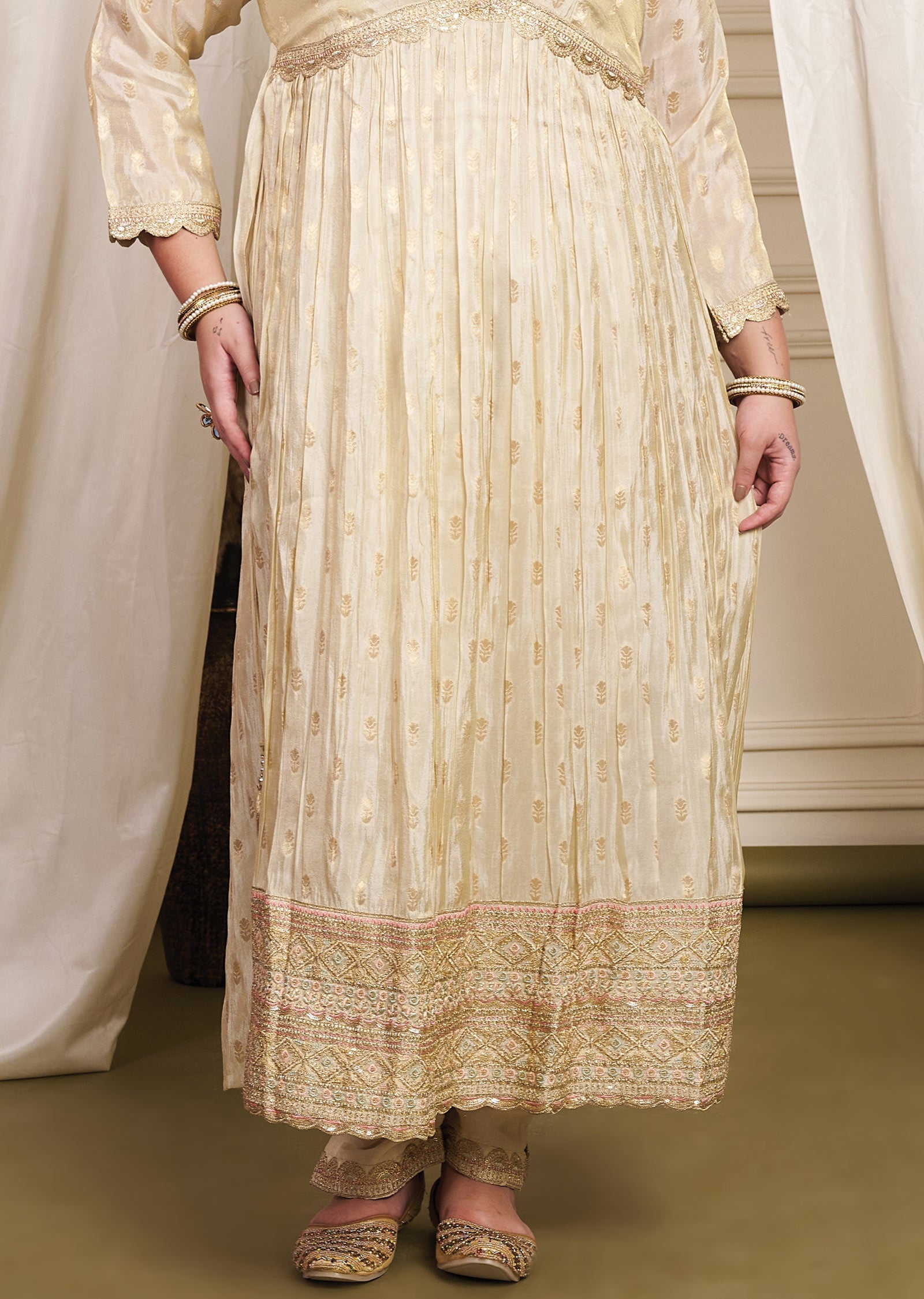 Beige Banaras Silk Anarkali Suit