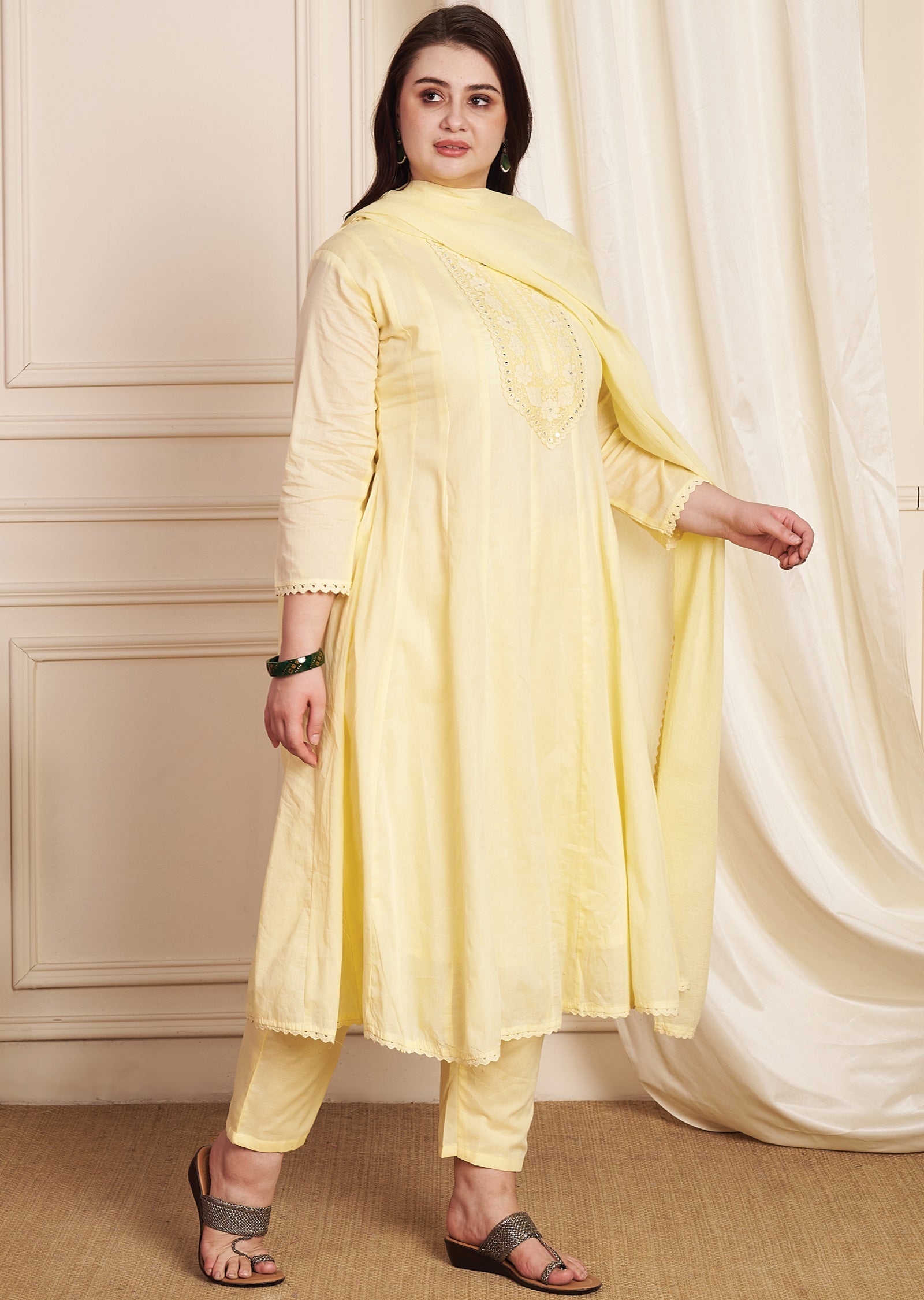 Light Yellow Cotton Anarkali Suit