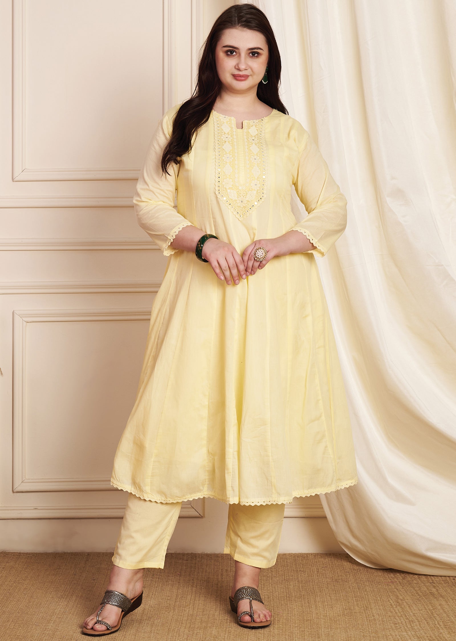 Light Yellow Cotton Anarkali Suit
