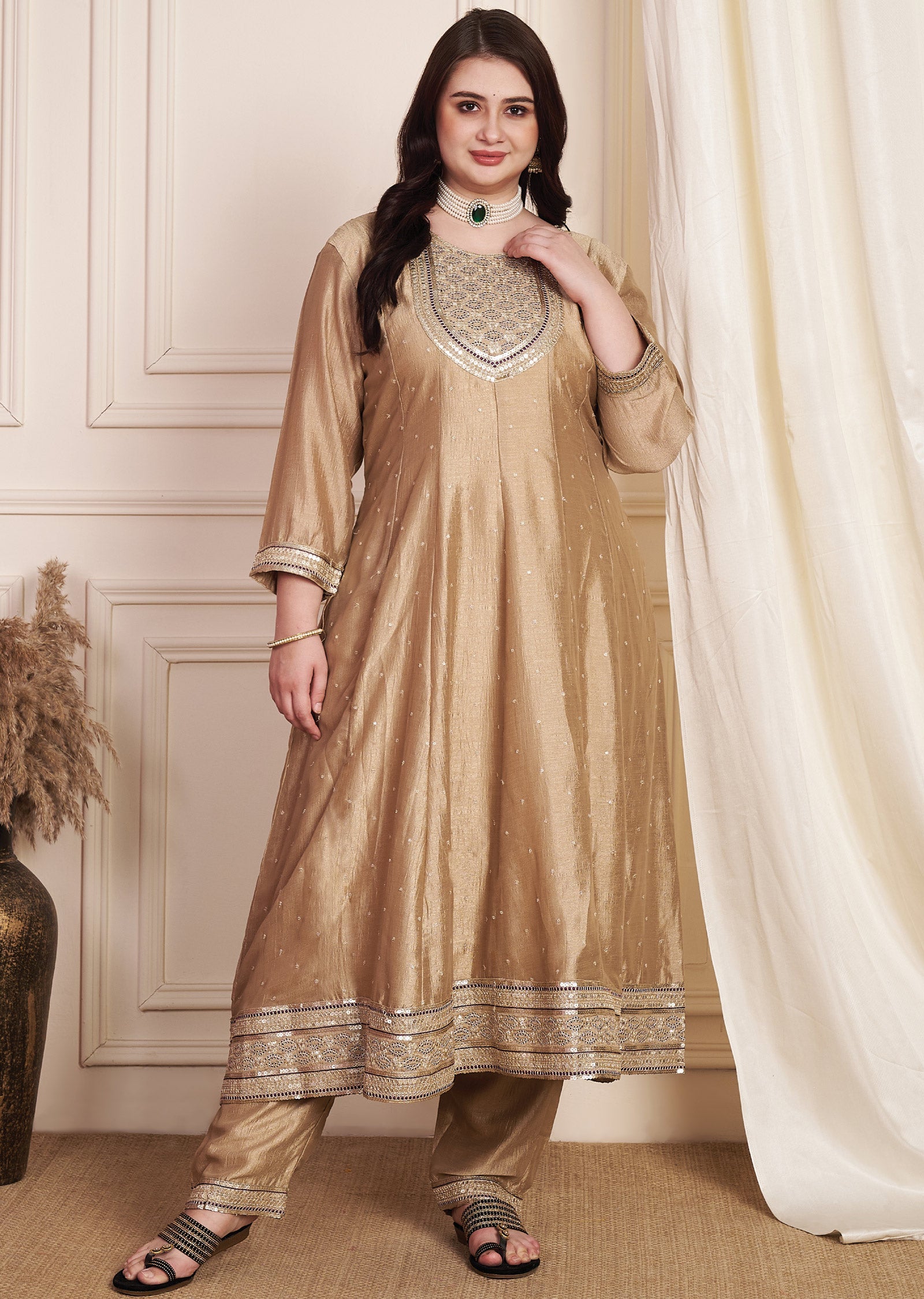 Light Brown Soft Silk Anarkali Suit