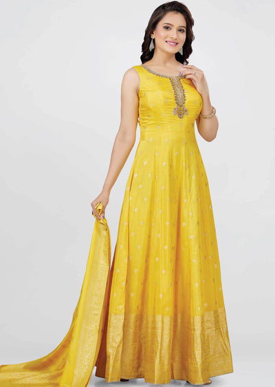 Yellow Banaras Embroidered Anarkali