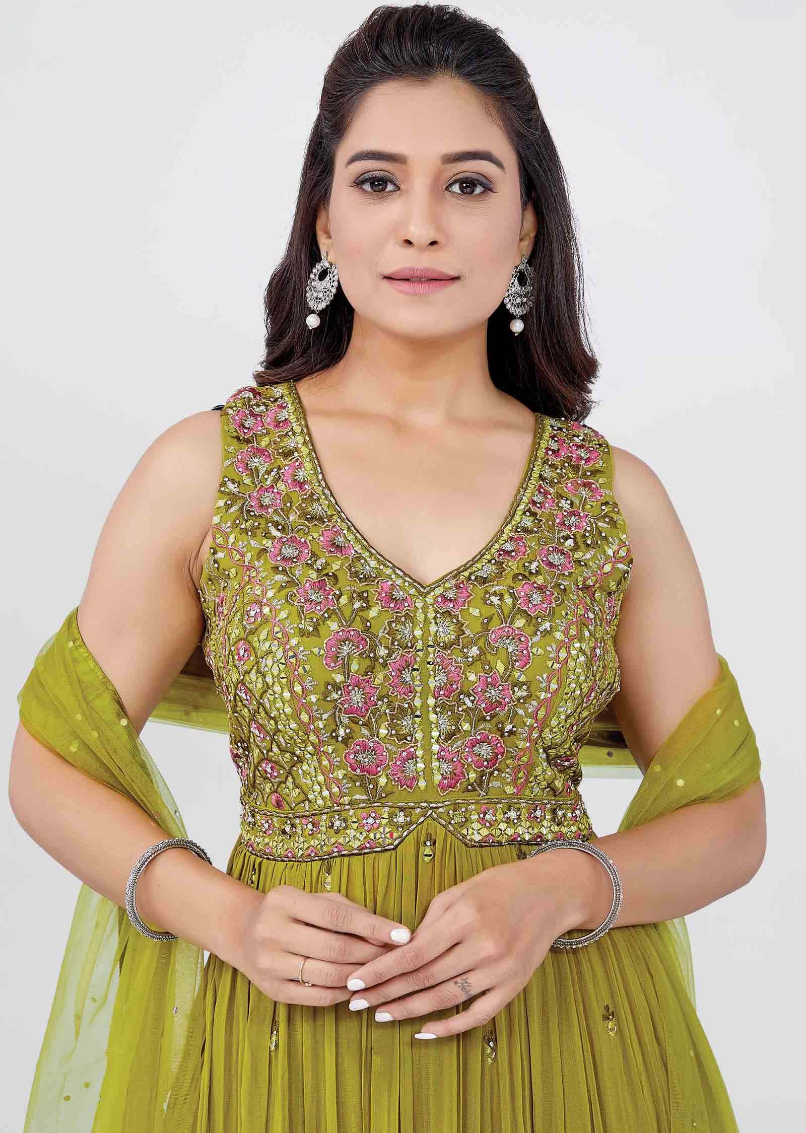 Mehendi Green Georgette Embroidered Anarkali