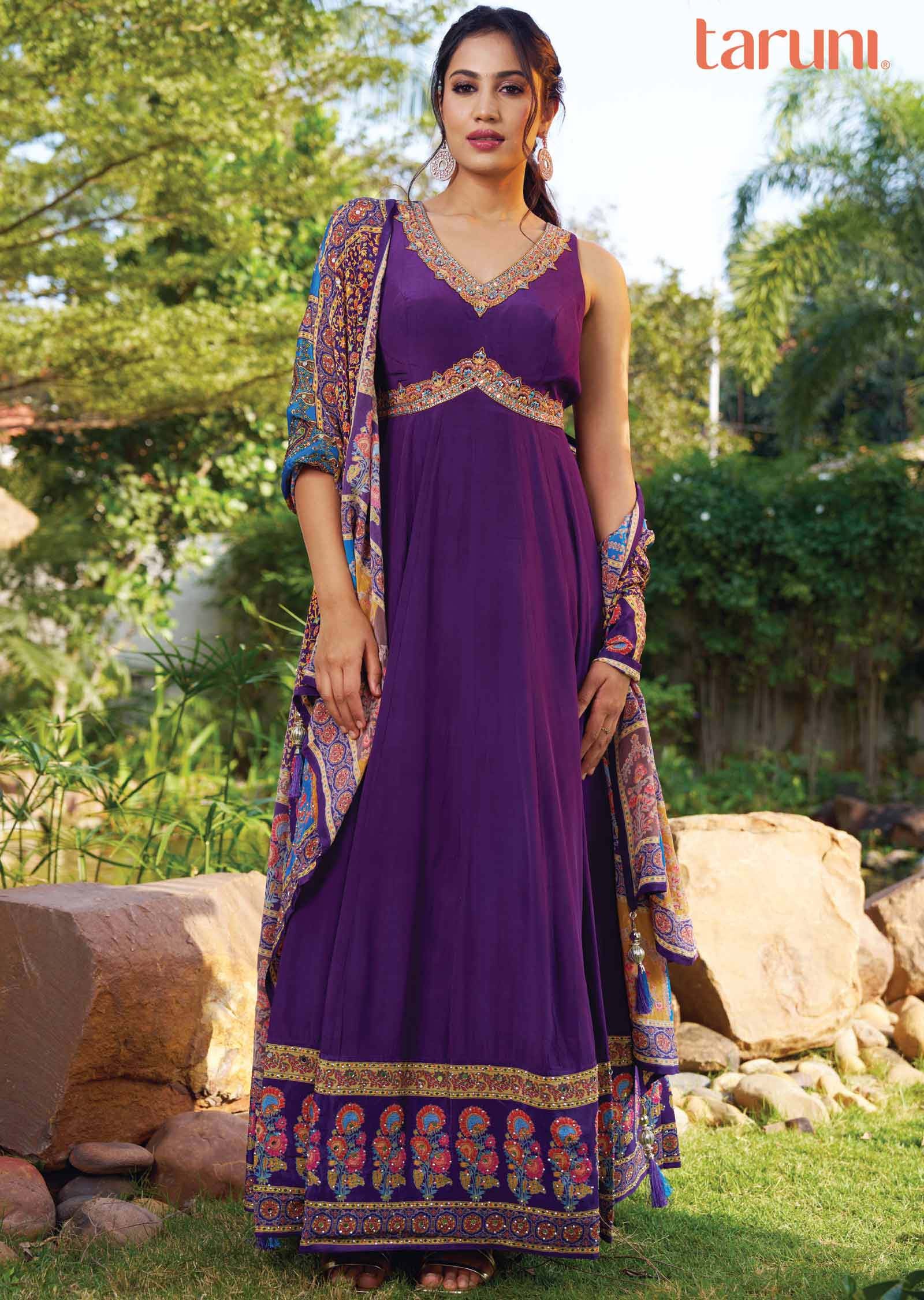 Purple Crepe Embroidered Alia cut Anarkali