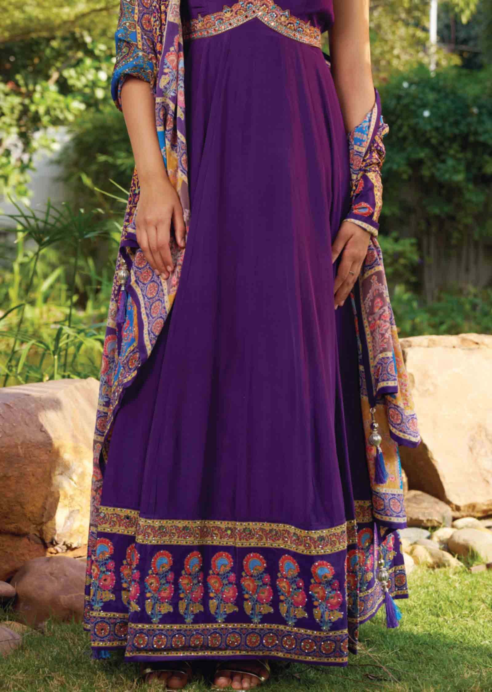 Purple Crepe Embroidered Alia cut Anarkali