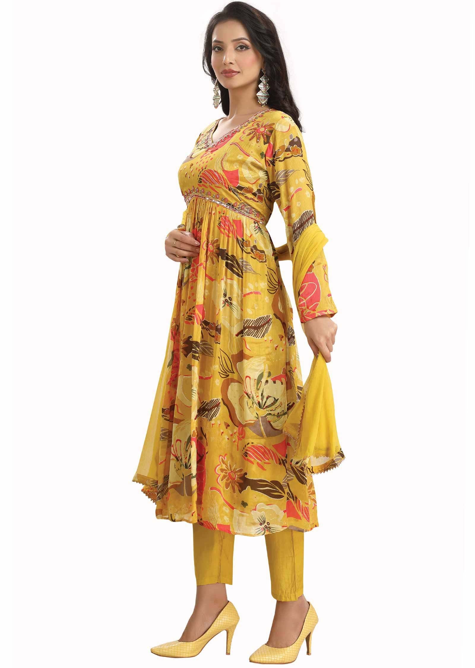 Yellow Chinnon Embroidered Alia cut Anarkali