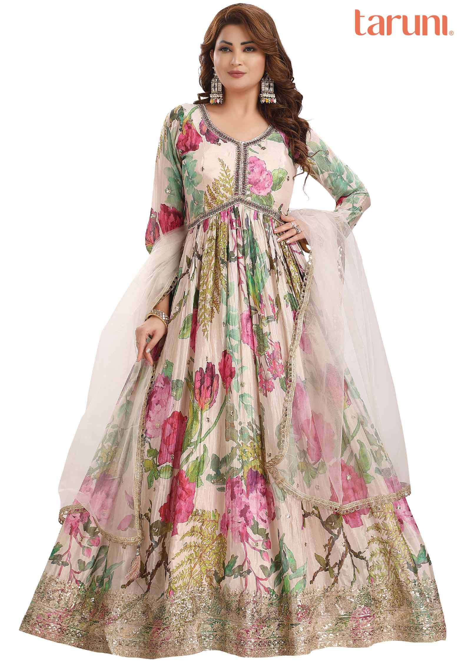 Fawn & Multi Color Chinnon Embroidered Angrakha Anarkali