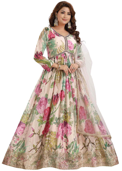 Fawn & Multi Color Chinnon Embroidered Angrakha Anarkali