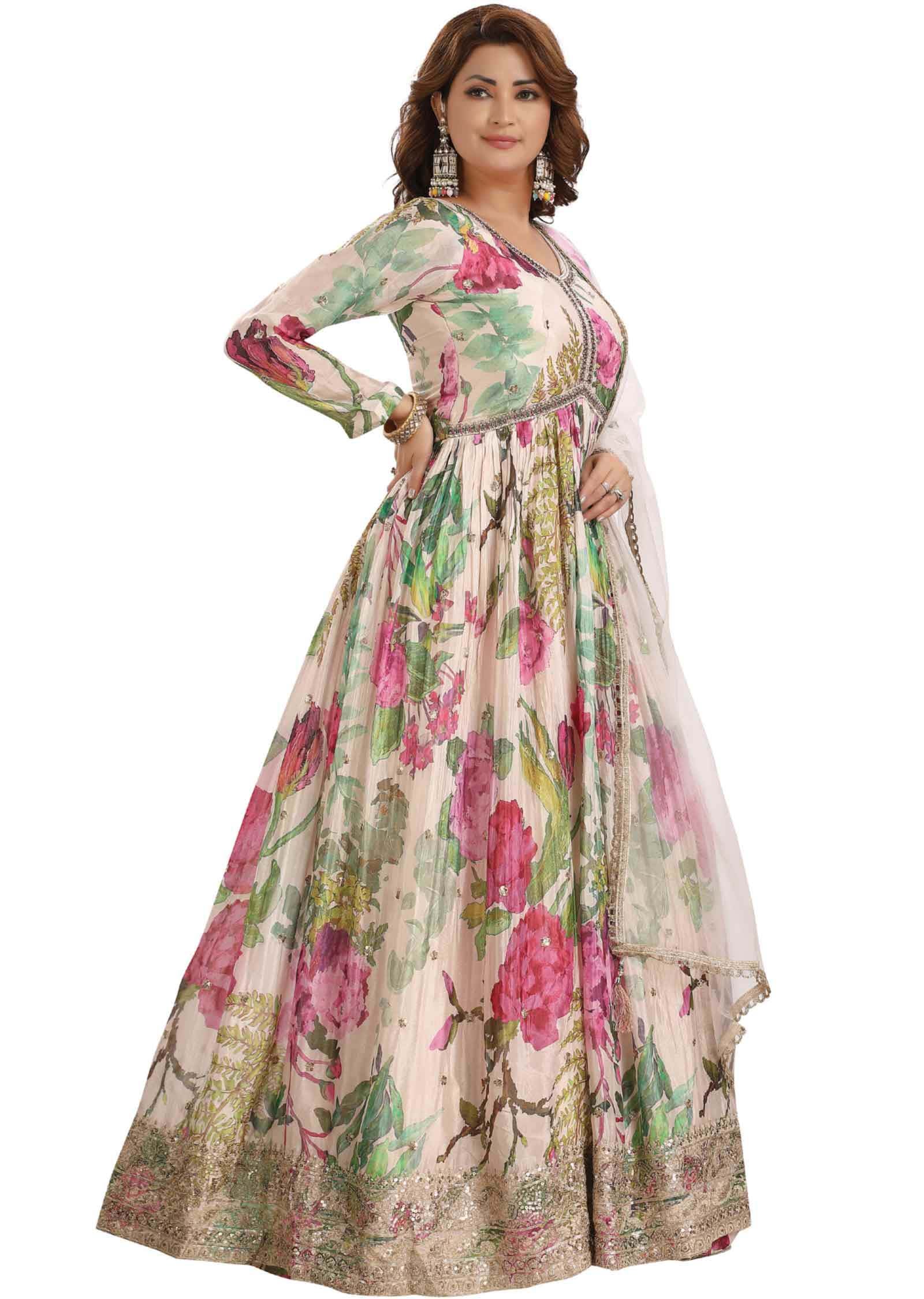 Fawn & Multi Color Chinnon Embroidered Angrakha Anarkali