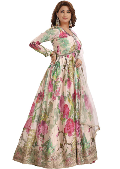 Fawn & Multi Color Chinnon Embroidered Angrakha Anarkali