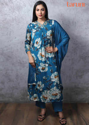 Feroza Blue Chinnon Printed Anarkali