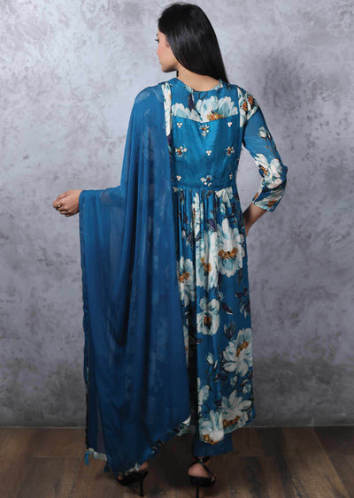 Feroza Blue Chinnon Printed Anarkali