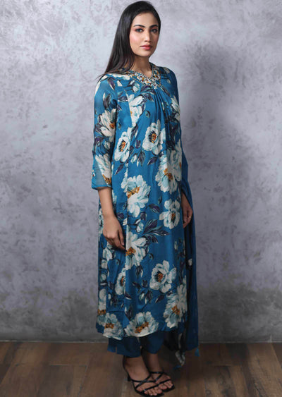 Feroza Blue Chinnon Printed Anarkali