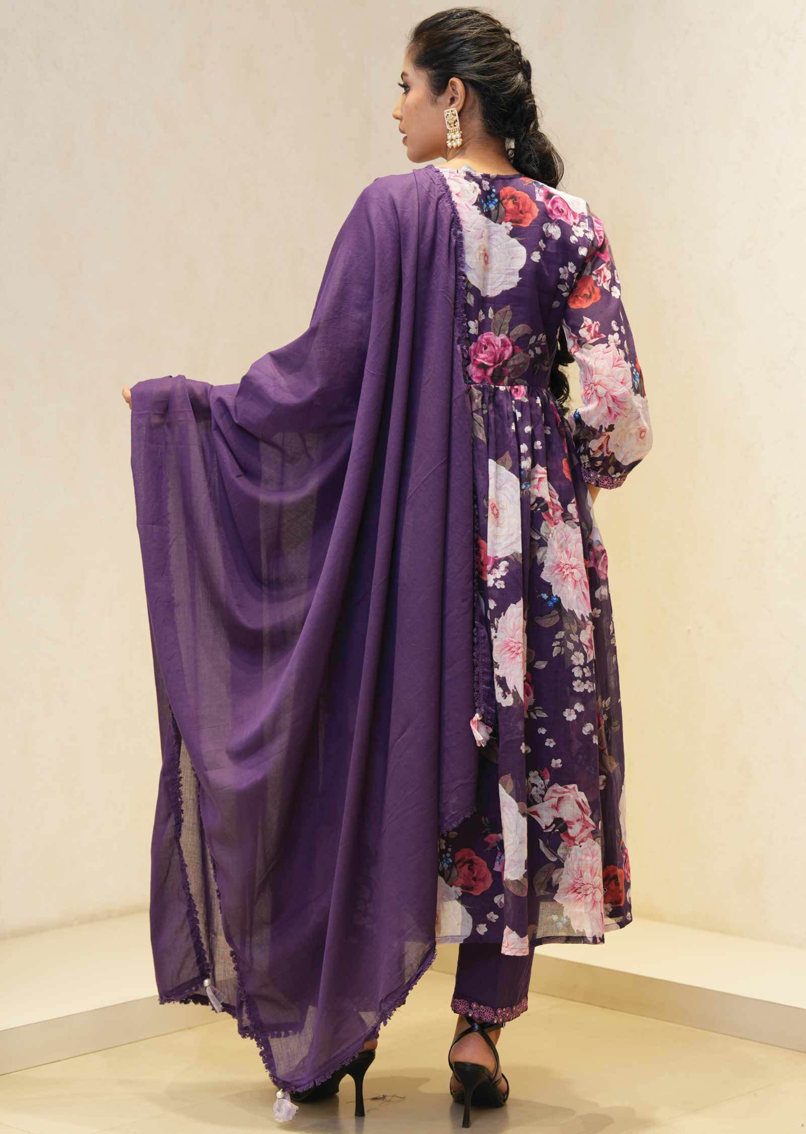 Purple Cotton Embroidered Alia cut Anarkali