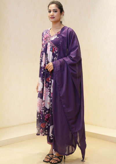 Purple Cotton Embroidered Alia cut Anarkali