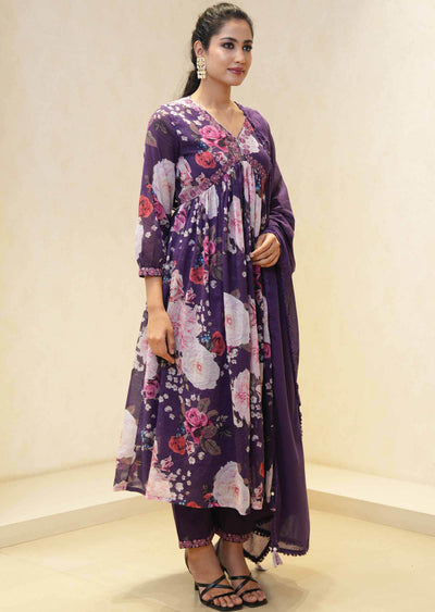 Purple Cotton Embroidered Alia cut Anarkali