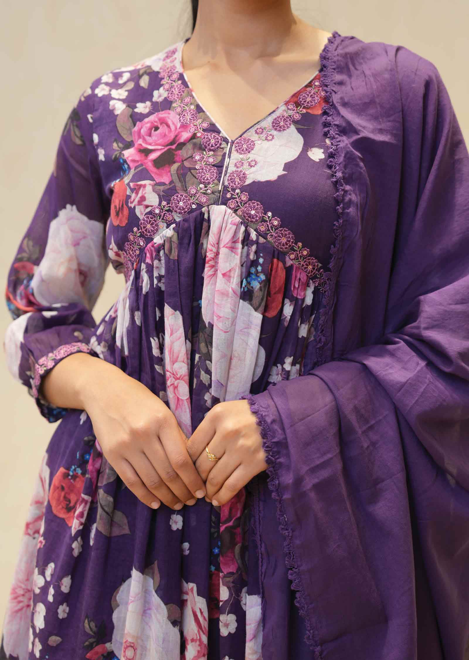 Purple Cotton Embroidered Alia cut Anarkali