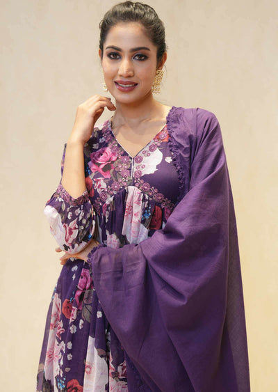 Purple Cotton Embroidered Alia cut Anarkali