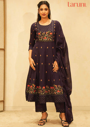 Wine Cotton Embroidered Anarkali