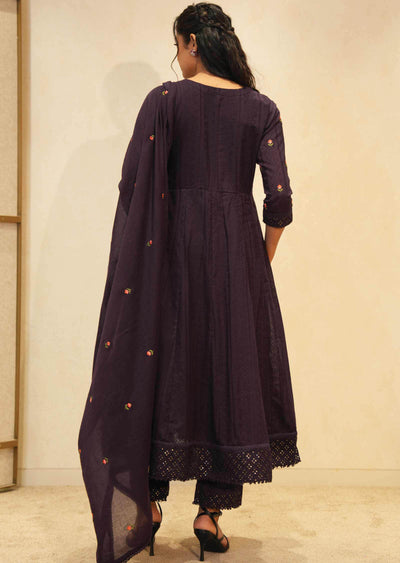 Wine Cotton Embroidered Anarkali