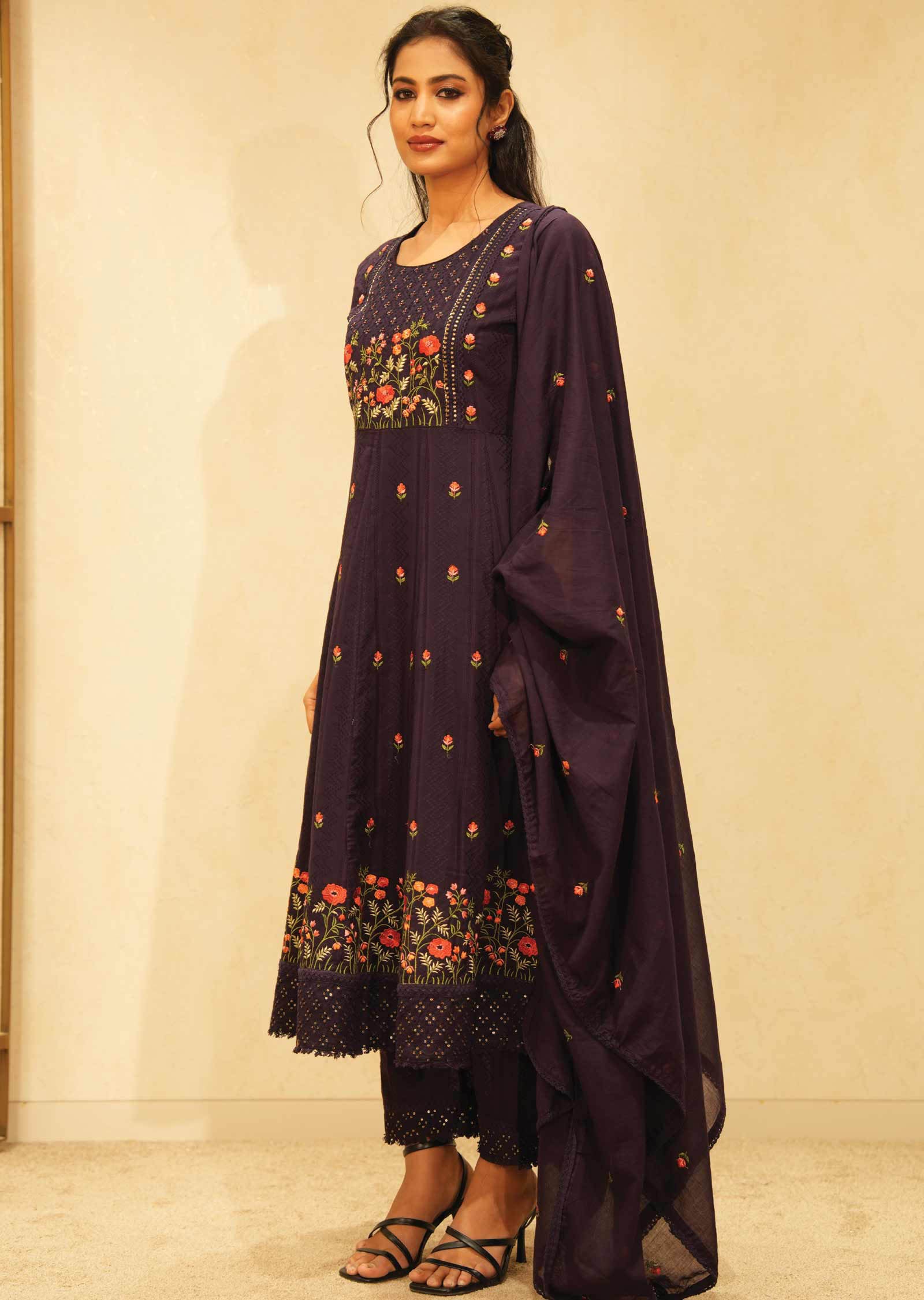 Wine Cotton Embroidered Anarkali