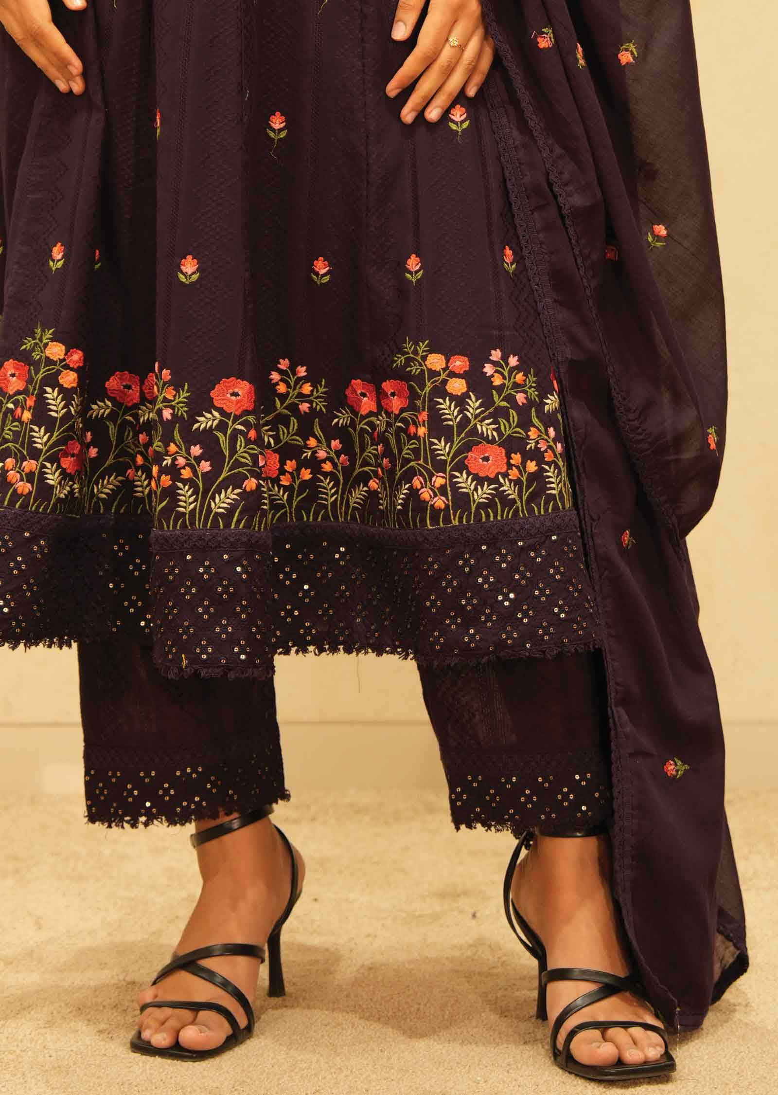 Wine Cotton Embroidered Anarkali