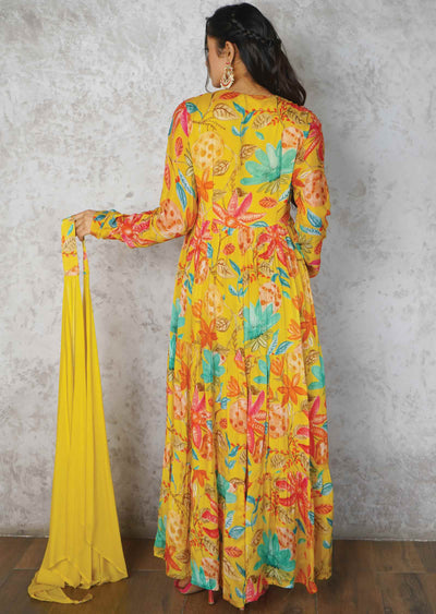 Yellow Chinnon Embroidered Alia cut Anarkali