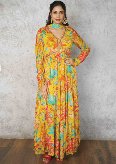 Yellow Chinnon Embroidered Alia cut Anarkali