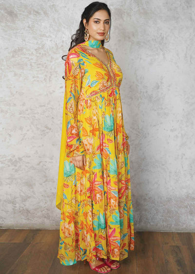 Yellow Chinnon Embroidered Alia cut Anarkali