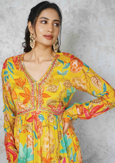 Yellow Chinnon Embroidered Alia cut Anarkali