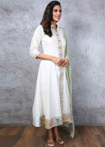 Off White Silk Embroidered Anarkali