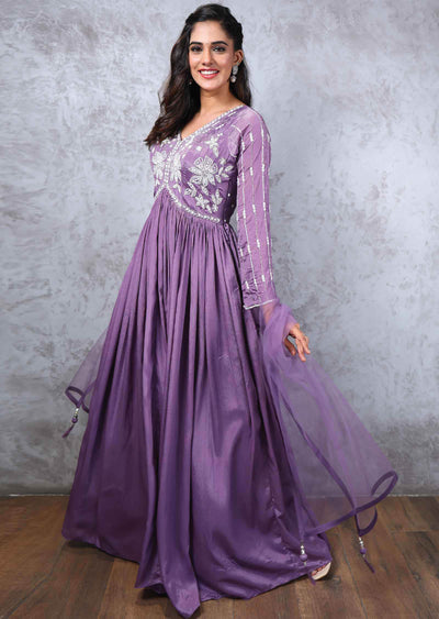 Lavender Chinnon Embroidered Alia cut Anarkali