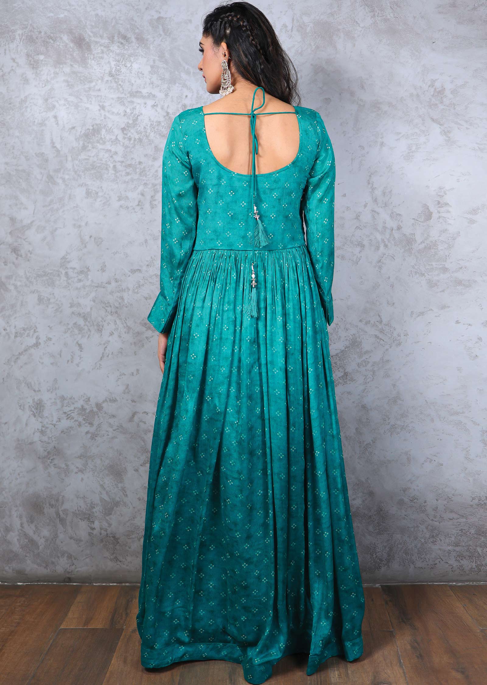 Rama Green Chinnon Zardosi & Embroidered Alia cut Anarkali