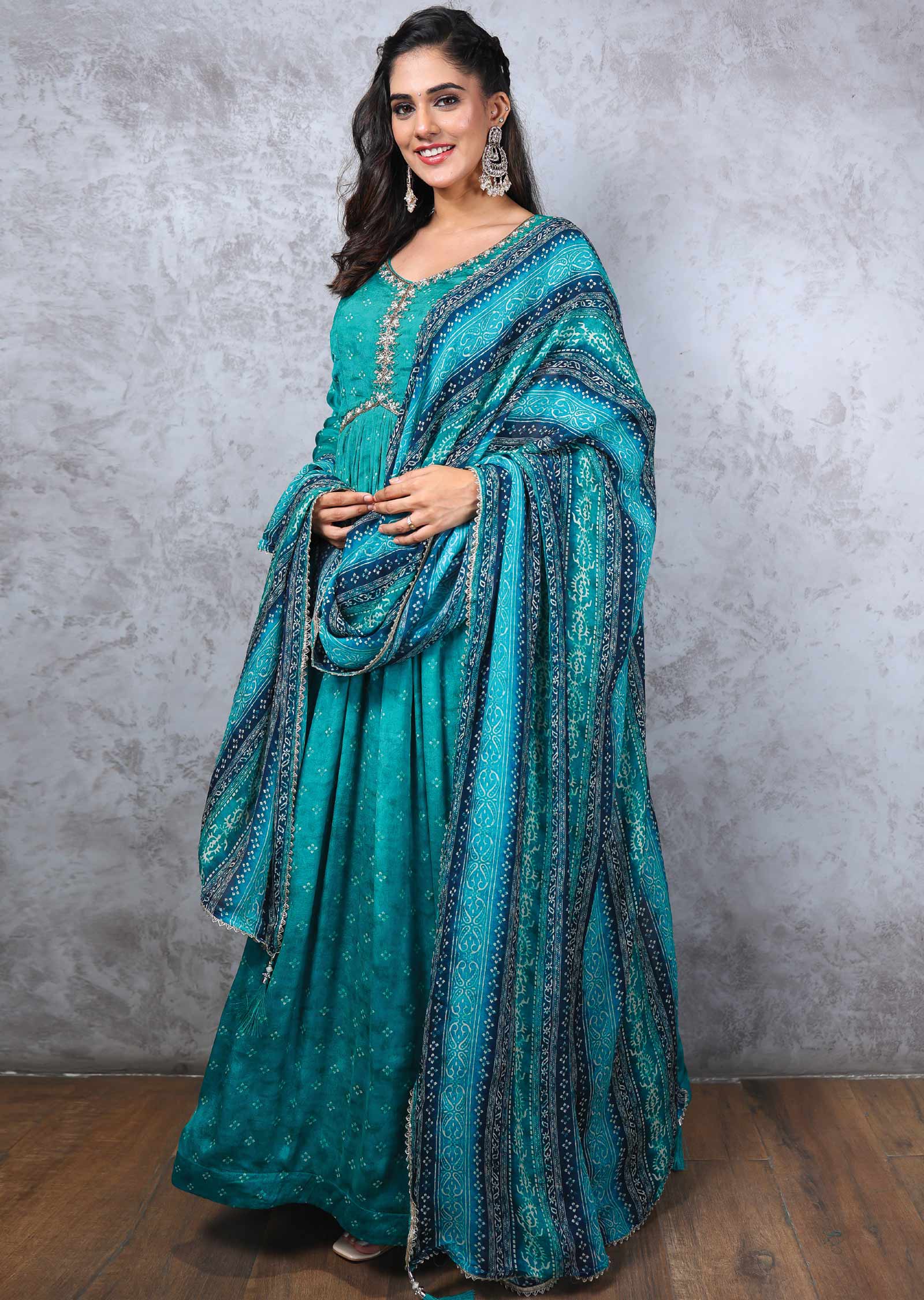 Rama Green Chinnon Zardosi & Embroidered Alia cut Anarkali