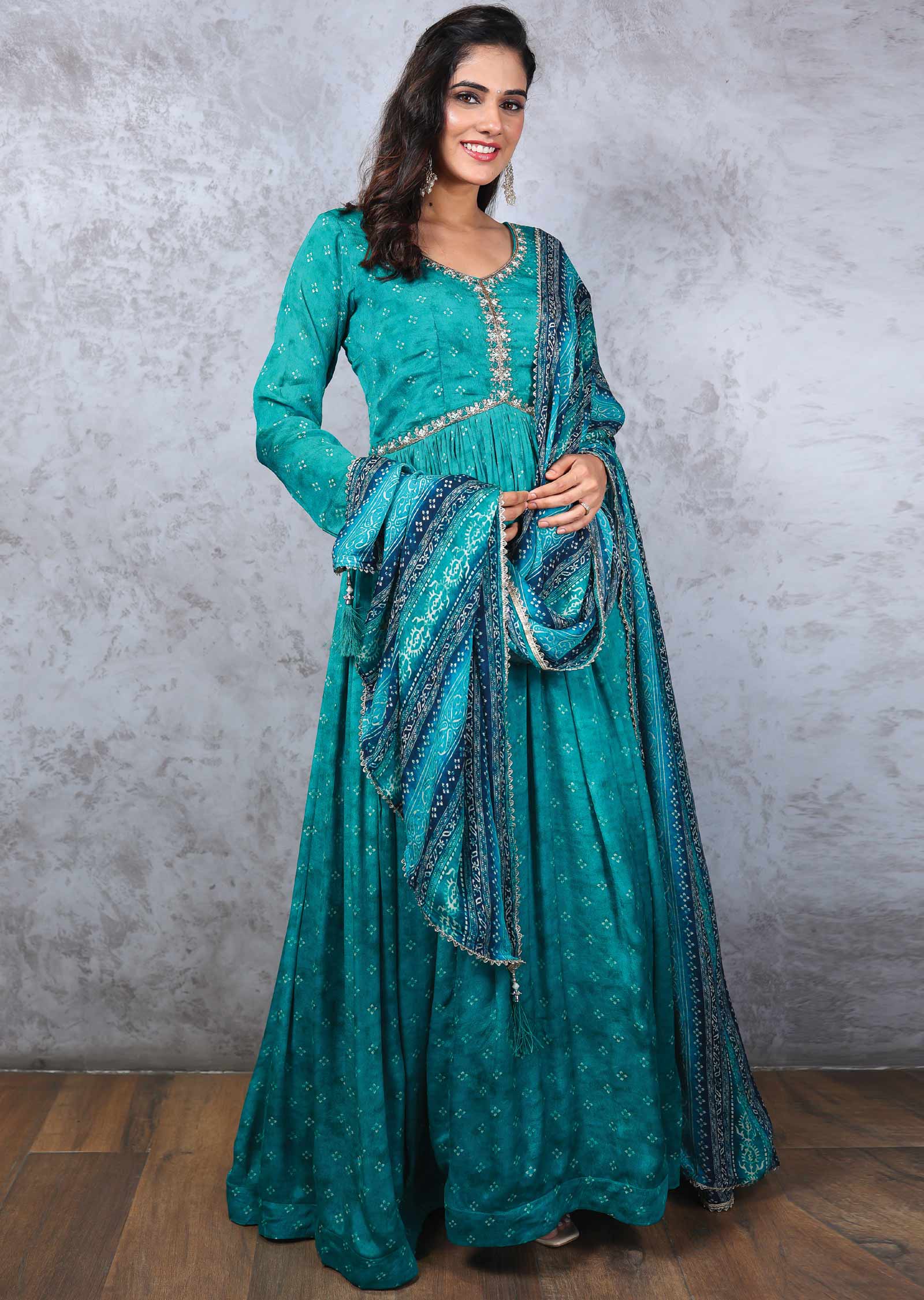 Rama Green Chinnon Zardosi & Embroidered Alia cut Anarkali