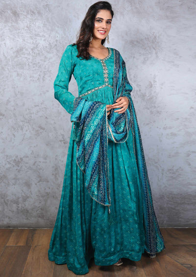 Rama Green Chinnon Zardosi & Embroidered Alia cut Anarkali