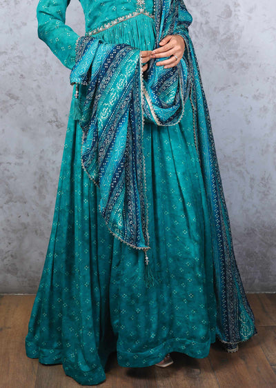 Rama Green Chinnon Zardosi & Embroidered Alia cut Anarkali