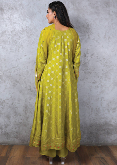 Lime Green Banaras Mirror work Anarkali