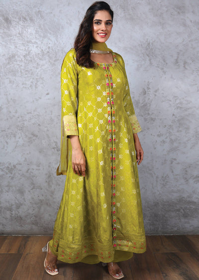 Lime Green Banaras Mirror work Anarkali