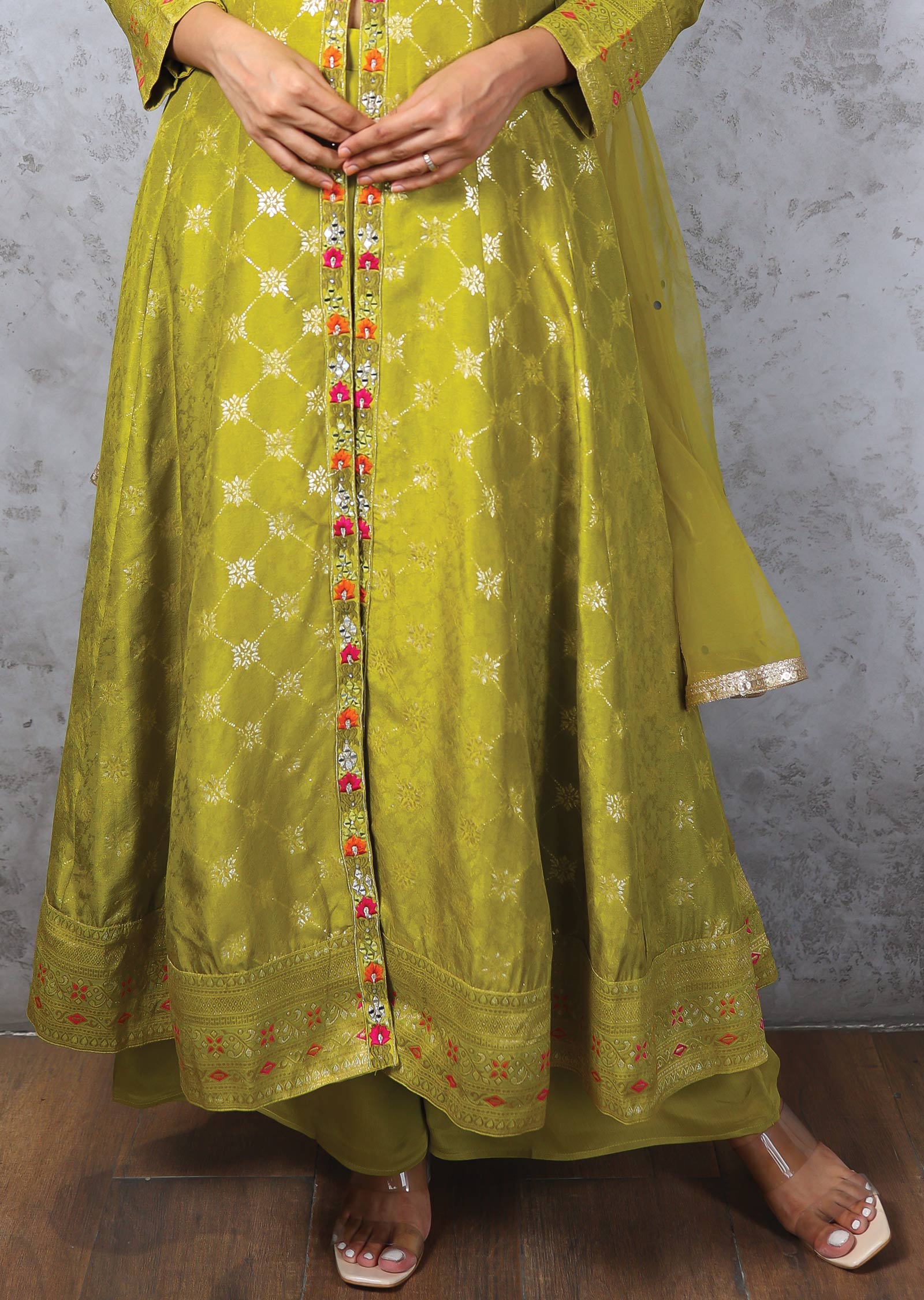 Lime Green Banaras Mirror work Anarkali